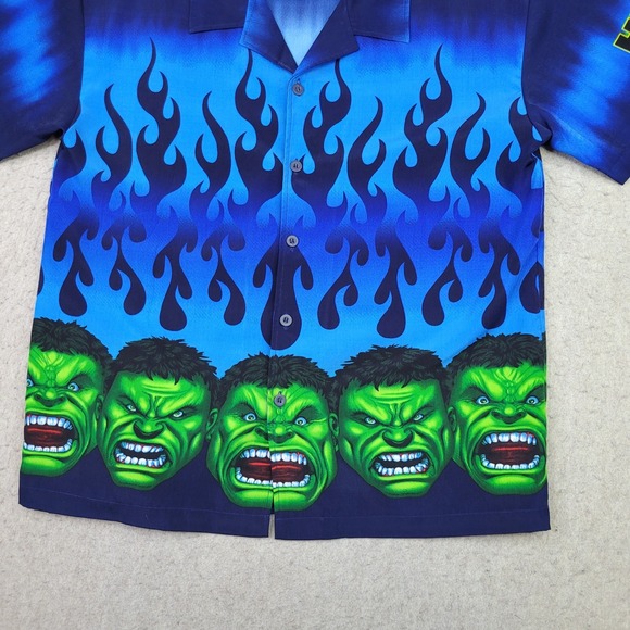 Vintage Y2K Marvel The Incredible Hulk 2002 Flames Hawaiian‎ Shirt Men's Size M - Picture 2 of 9